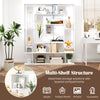 7-tier white bookshelf with layered compartments, perfect for books and decor in home office or living room.