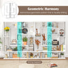 7-tier white bookshelf with geometric pattern, featuring sturdy support and layered compartments for home office.