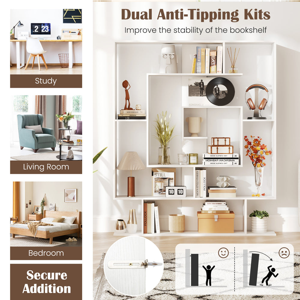7-tier white bookshelf with dual anti-tipping kits, ideal for home office, living room, or bedroom storage solutions.