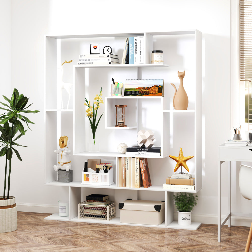 7-tier white bookshelf with geometric design, layered compartments, and anti-tipping kits for home office storage.