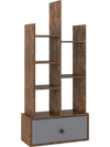 7-tier open-back bookshelf in rustic brown with a drawer, ideal for organizing items in home office or living room.