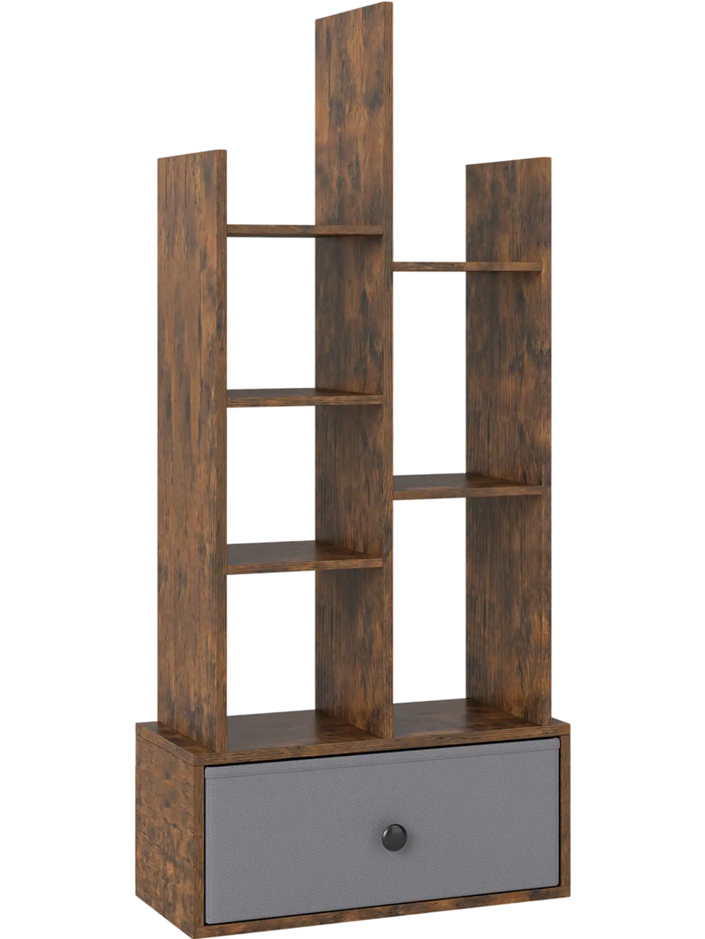 7-tier open-back bookshelf in rustic brown with a drawer, ideal for organizing items in home office or living room.