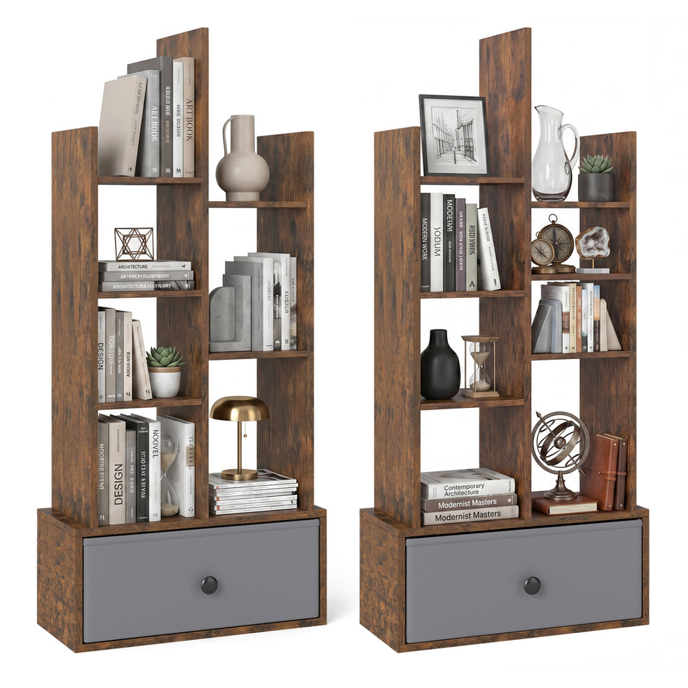 Rustic brown 7-tier open-back bookshelf showcases stylish design with anti-falling baffles, enhancing stability and.