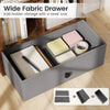 Wide fabric drawer in rustic brown bookshelf offers hidden storage for notebooks, tape, and stationery in a sleek.