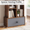 7-tier open-back bookshelf in rustic brown with a fabric drawer, perfect for organizing and saving floor space.