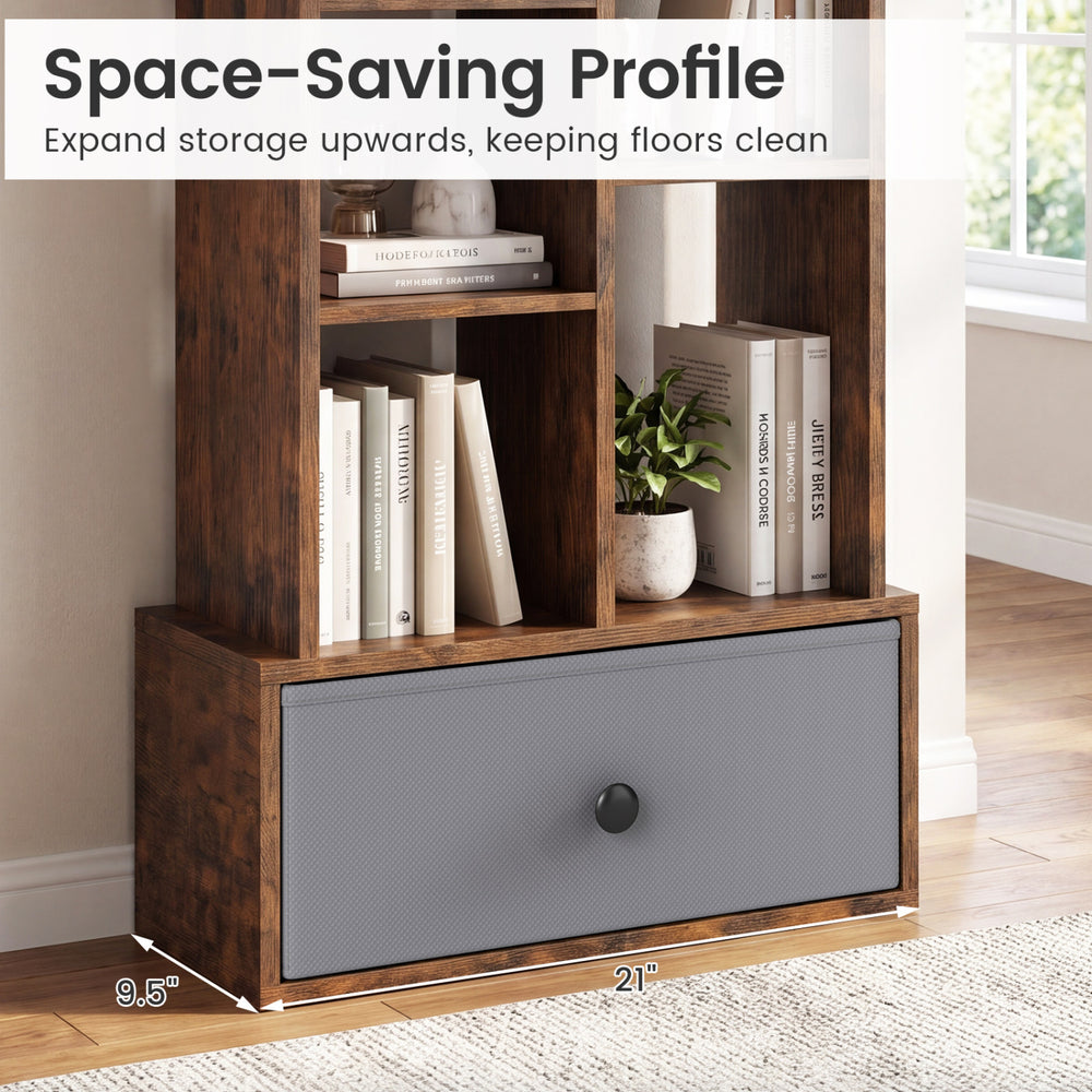 7-tier open-back bookshelf in rustic brown with a fabric drawer, perfect for organizing and saving floor space.