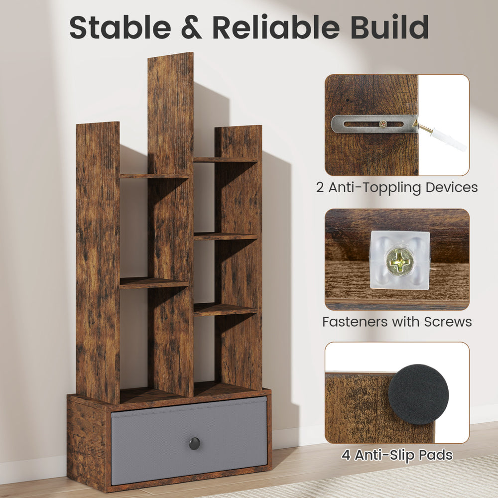 7-tier open-back bookshelf in rustic brown with a drawer, featuring anti-toppling devices for stability and.