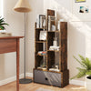 7-tier open-back bookshelf in rustic brown with a drawer, perfect for organizing items in home office or living room.