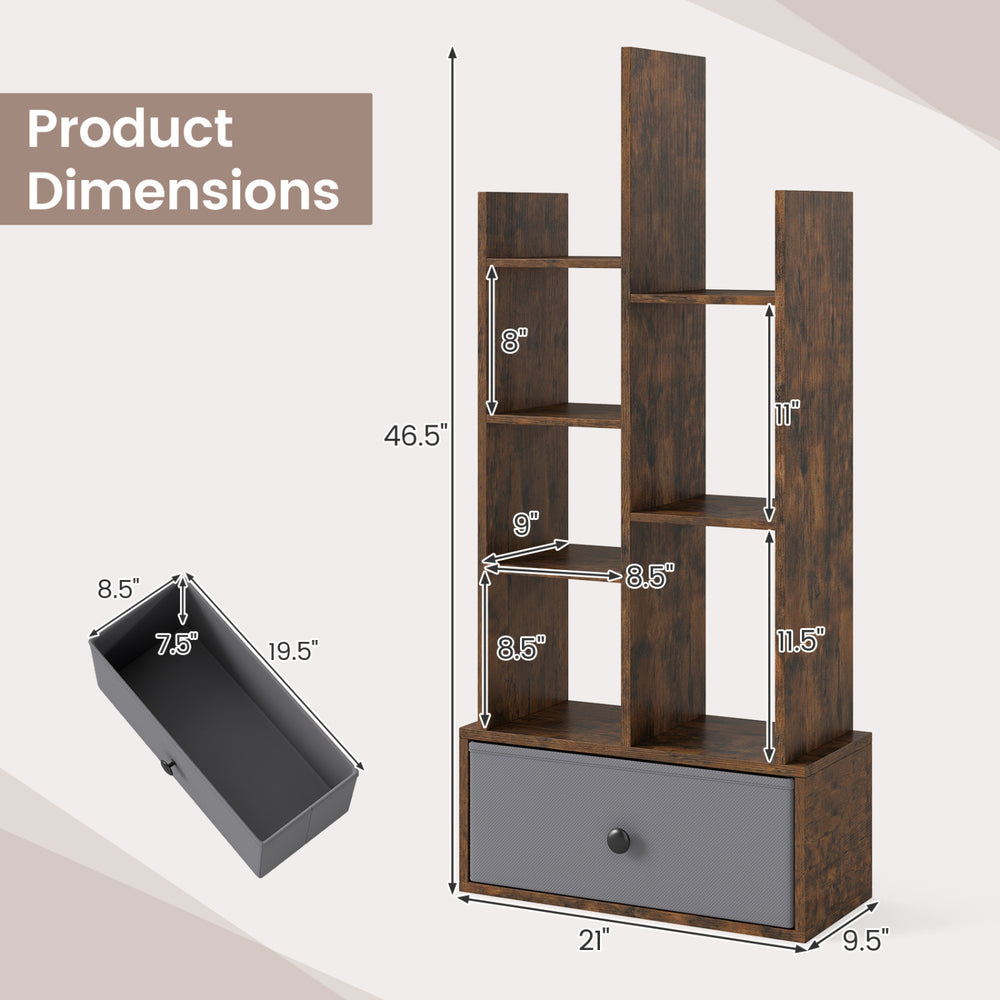 7-tier open-back bookshelf in rustic brown with a drawer, ideal for stylish storage in home office or living room.