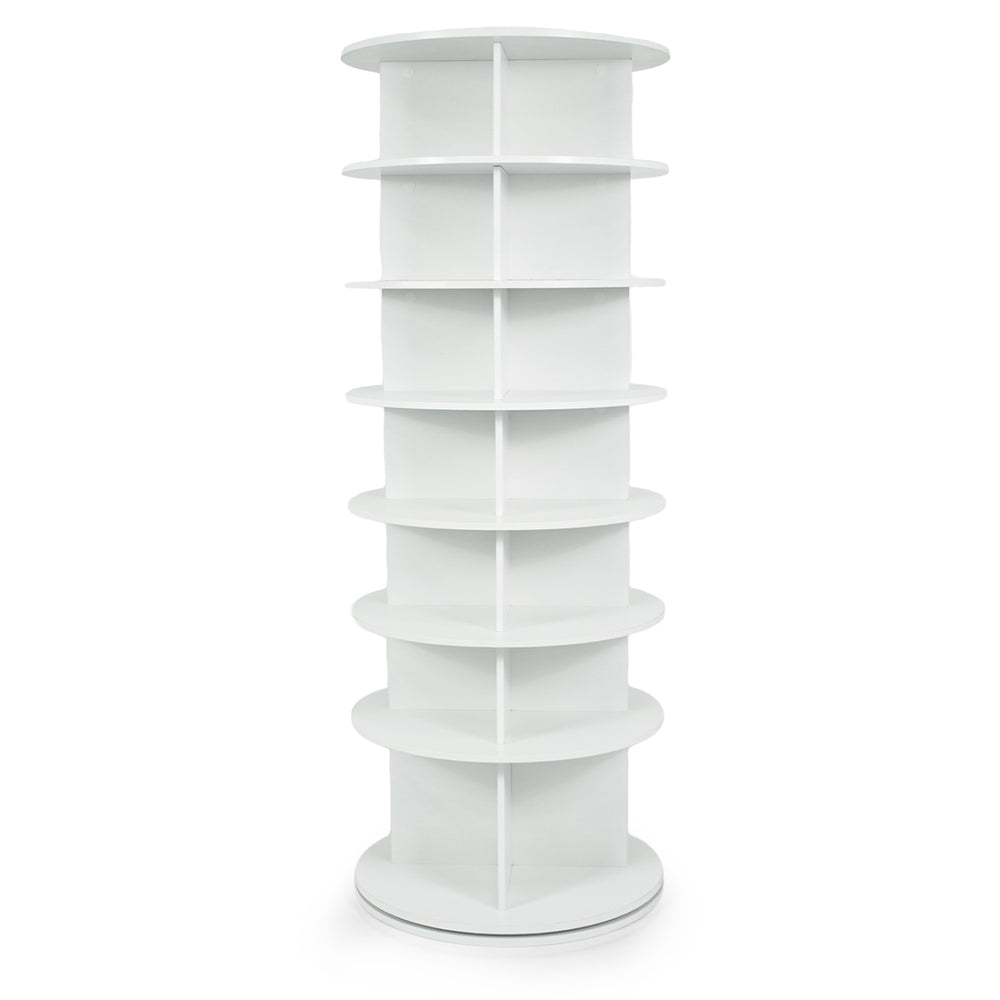 Freestanding 7-tier rotating shoe rack in white with ample storage for up to 28 pairs, ideal for compact spaces.