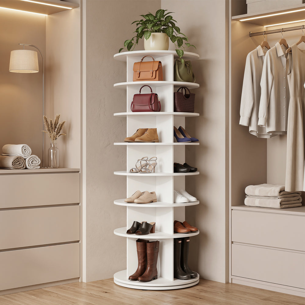 7-tier rotating shoe rack in white with ample storage for 28 pairs, perfect for maximizing corner space in any room.