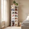 7-tier rotating shoe rack tower in white, designed for 28 pairs with a compact footprint for corner storage.