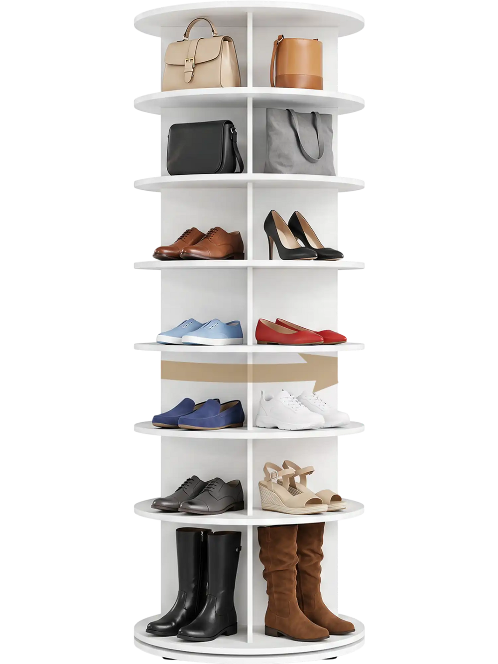 7-tier rotating shoe rack tower in white, designed for 28 pairs with spacious cubes and a stable base for versatile storage.