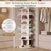 7-tier white rotating shoe rack tower with 4 spacious cubes per shelf for easy access and storage of up to 28 pairs.