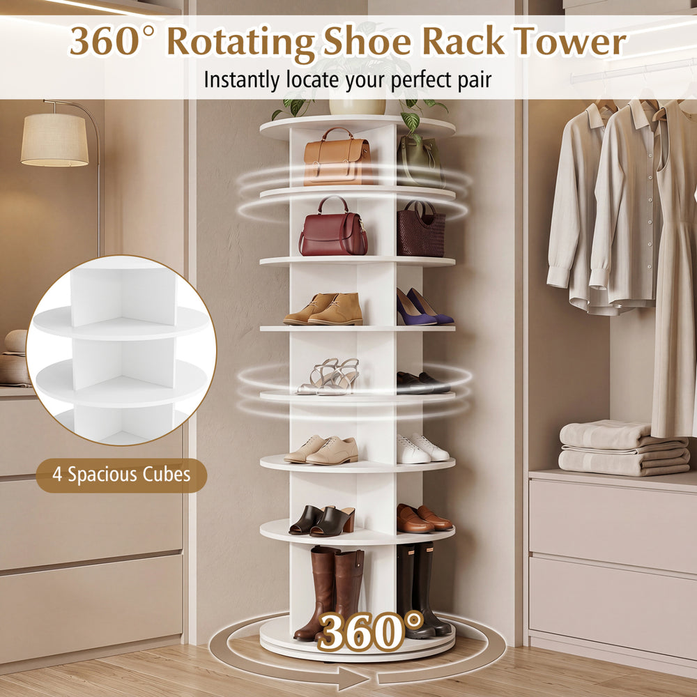 7-tier white rotating shoe rack tower with 4 spacious cubes per shelf for easy access and storage of up to 28 pairs.