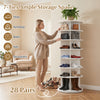 7-tier rotating shoe rack in white with ample storage for 28 pairs, perfect for organizing shoes and accessories.