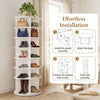 7-tier rotating shoe rack tower in white with ample storage for 28 pairs, perfect for compact corner organization.