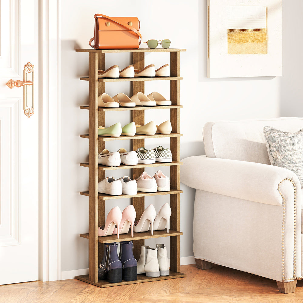 7-tier natural shoe rack with removable shelves, designed for small spaces, ideal for entryways and closets.