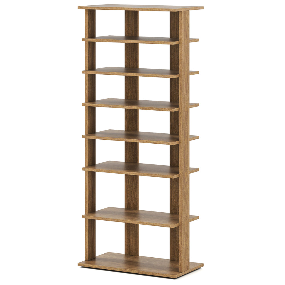 7-tier natural shoe rack with removable shelves, designed for small spaces and easy assembly, perfect for entryways.