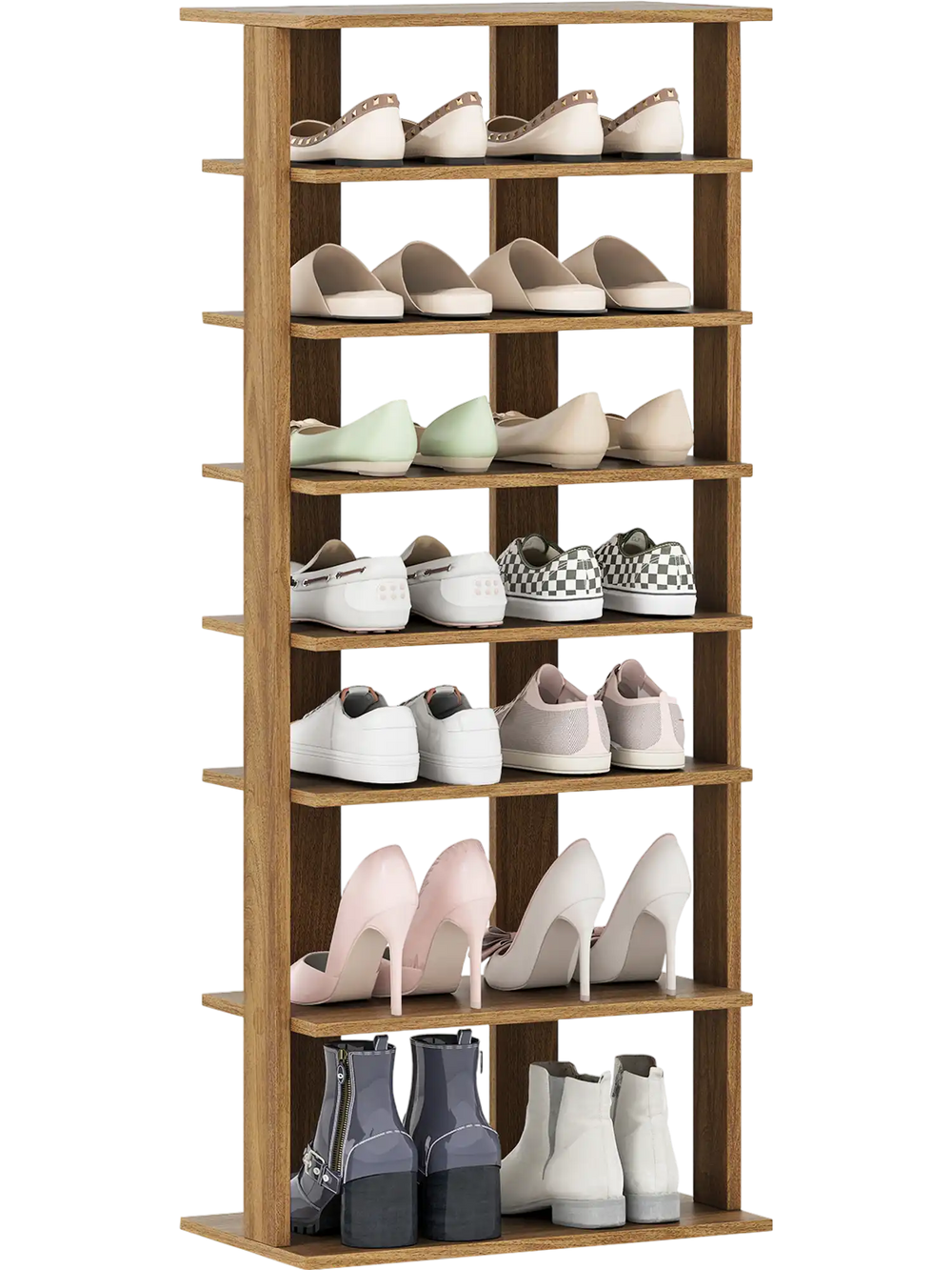 7-tier vertical shoe rack in natural finish displaying various shoes, ideal for small spaces and easy assembly.