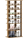 7-tier vertical shoe rack in natural finish displaying various shoes, ideal for small spaces and easy assembly.