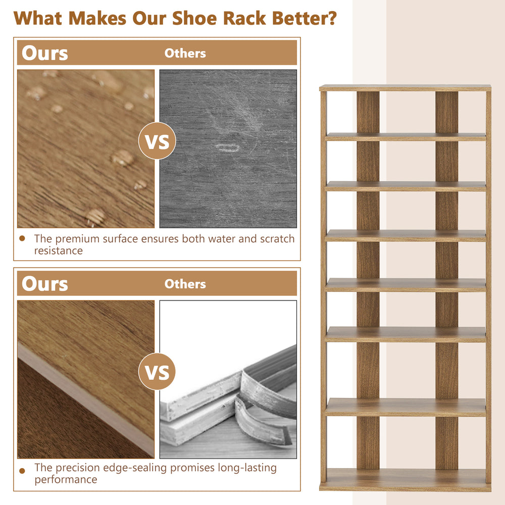 7-tier vertical shoe rack with removable shelves, water-resistant surface, and edge-sealing for durability in natural.