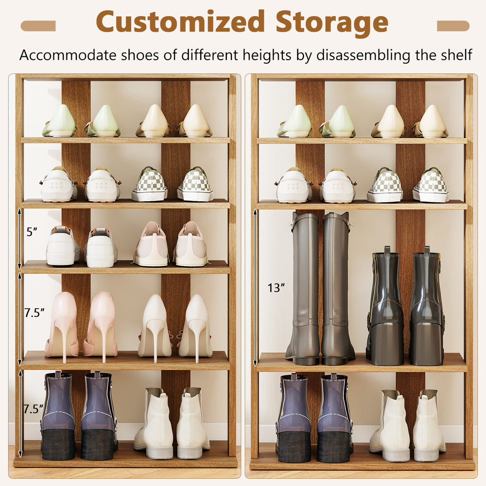 7-tier vertical shoe rack with removable shelves for various shoe heights, ideal for small spaces and entryways.