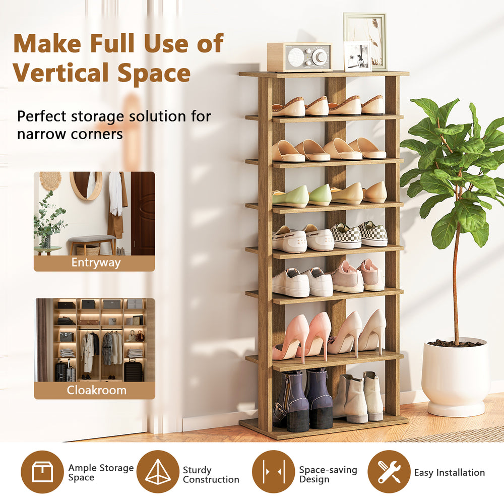 7-tier vertical shoe rack in natural finish, featuring removable shelves for versatile storage in narrow spaces.