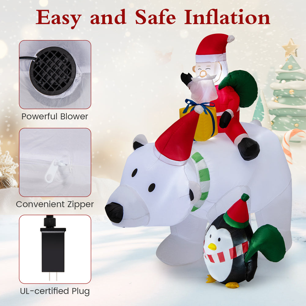 7 feet inflatable Santa Claus riding a polar bear with penguin, featuring LED lights and weather-resistant fabric for.
