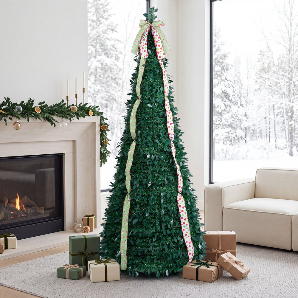7 ft Pop Up Christmas Tree with PVC Holly Leaves 4 Festive Satin Ribbons and Top Christmas Bow - Gallery View 1 of 11