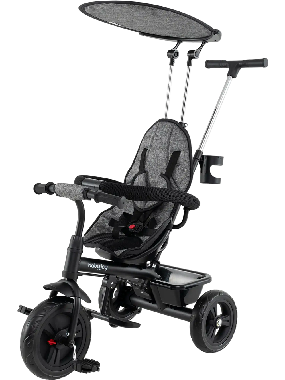 7-in-1 baby stroller tricycle in gray with adjustable canopy, foldable footrests, and all-terrain EVA foam wheels.