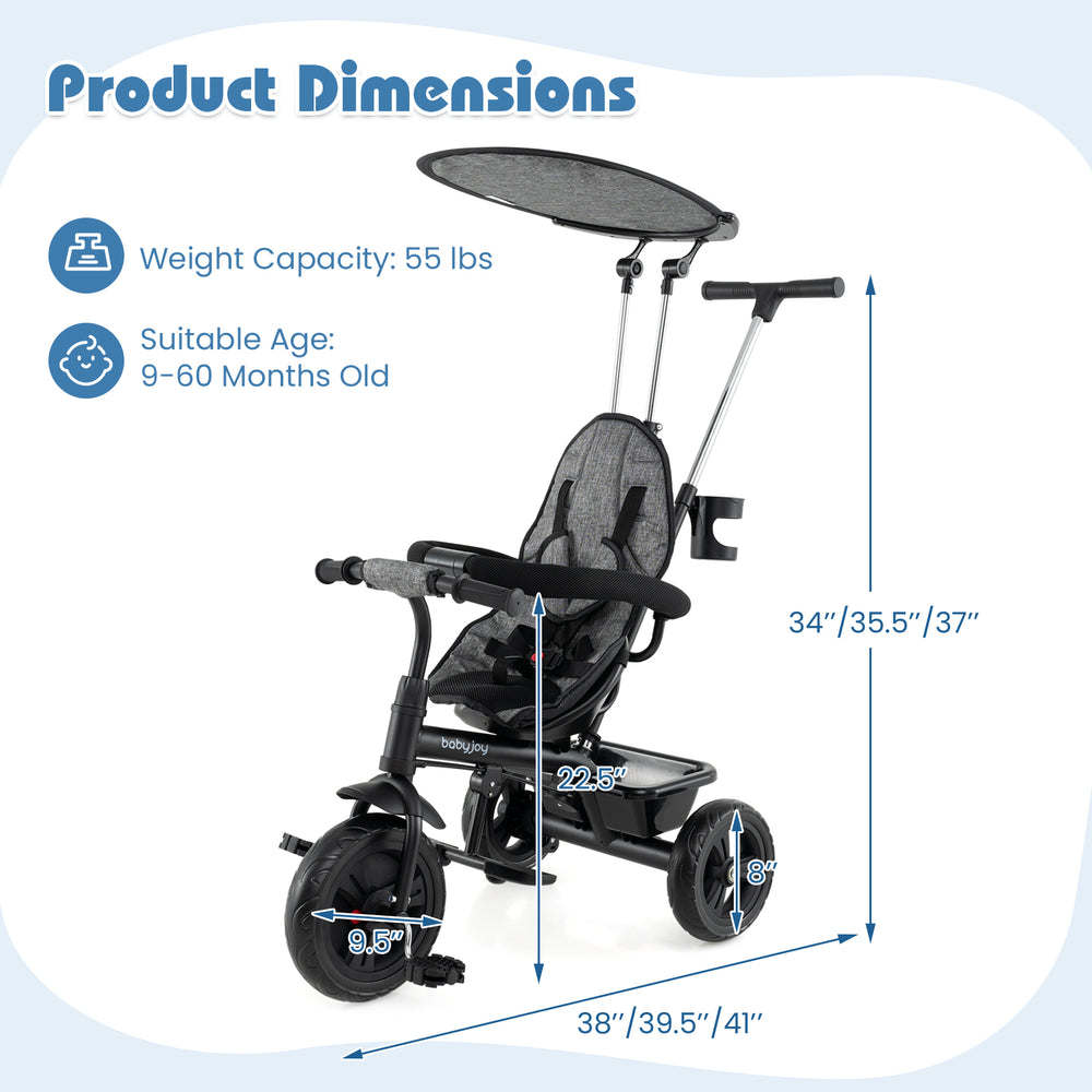 7-in-1 baby stroller tricycle in gray with adjustable canopy, foldable footrests, and all-terrain wheels for ages 9-60.