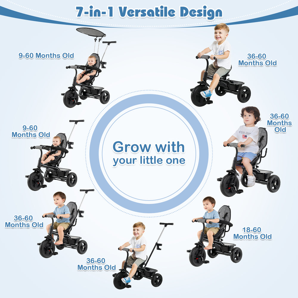 7-in-1 baby stroller tricycle in gray with adjustable canopy, suitable for ages 9-60 months, designed for comfort and.