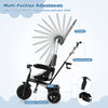 Adjustable gray baby stroller tricycle with canopy, foldable footrests, and safety features for ages 9-60 months.