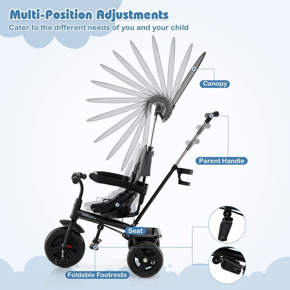 Adjustable gray baby stroller tricycle with canopy, foldable footrests, and safety features for ages 9-60 months.