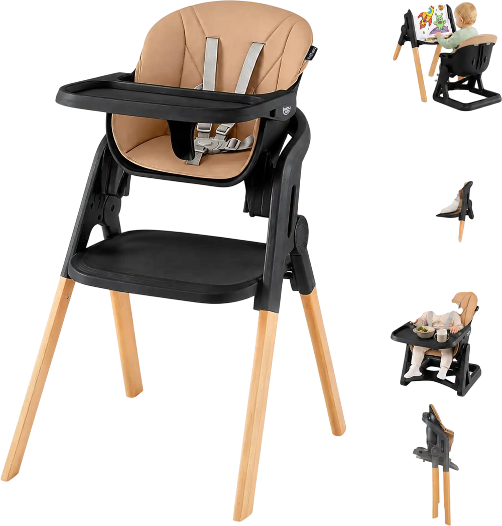 Convertible 7-in-1 baby high chair with adjustable tray, solid beech wood legs, and comfortable PU leather cushion for mealtime.