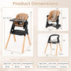 Dimensions of the 7-in-1 convertible foldable baby high chair with adjustable tray, suitable for growing children.