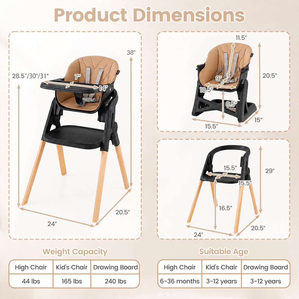 Dimensions of the 7-in-1 convertible foldable baby high chair with adjustable tray, suitable for growing children.