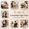 7-in-1 convertible high chair with adjustable tray, solid beech wood legs, and removable cushion for versatile use.