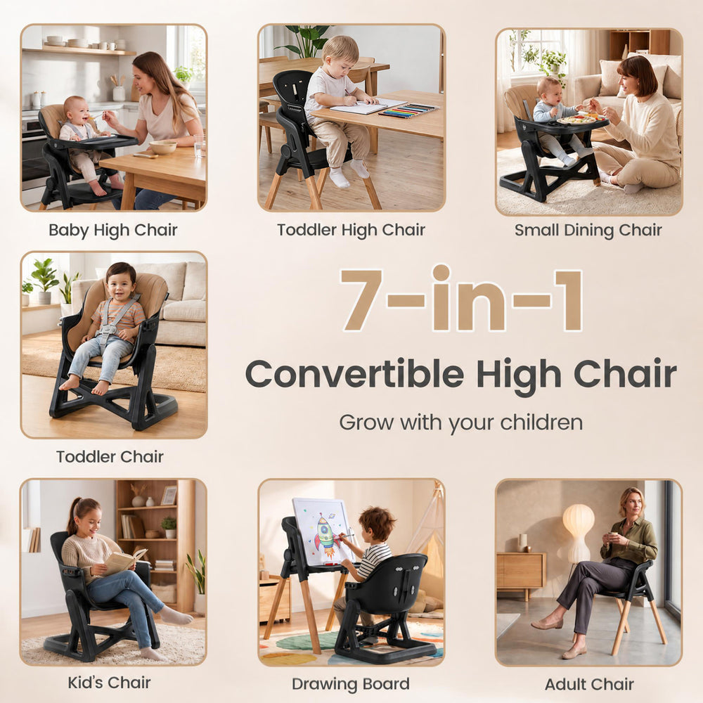 7-in-1 convertible high chair with adjustable tray, solid beech wood legs, and removable cushion for versatile use.