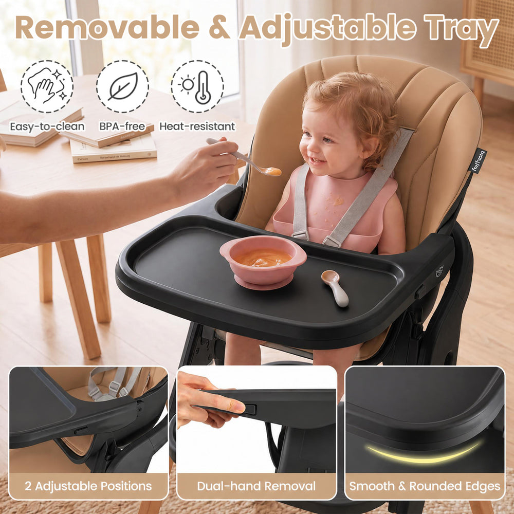 Convertible 7-in-1 baby high chair with adjustable tray, heat-resistant material, and smooth edges for safety.