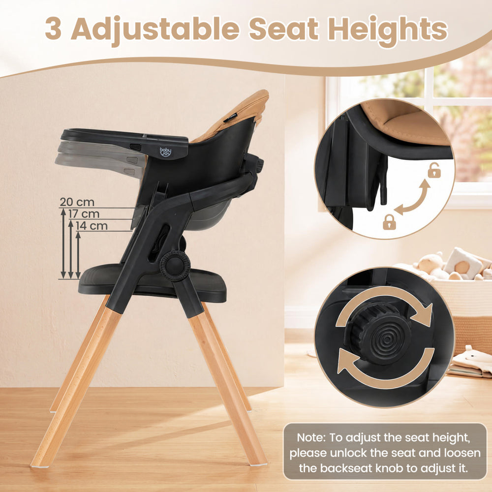 Adjustable seat heights of the 7-in-1 convertible high chair ensure a comfortable fit for growing children during mealtime.