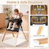 Convertible 7-in-1 baby high chair with adjustable tray, solid beech wood legs, and non-slip foot pads for safety.