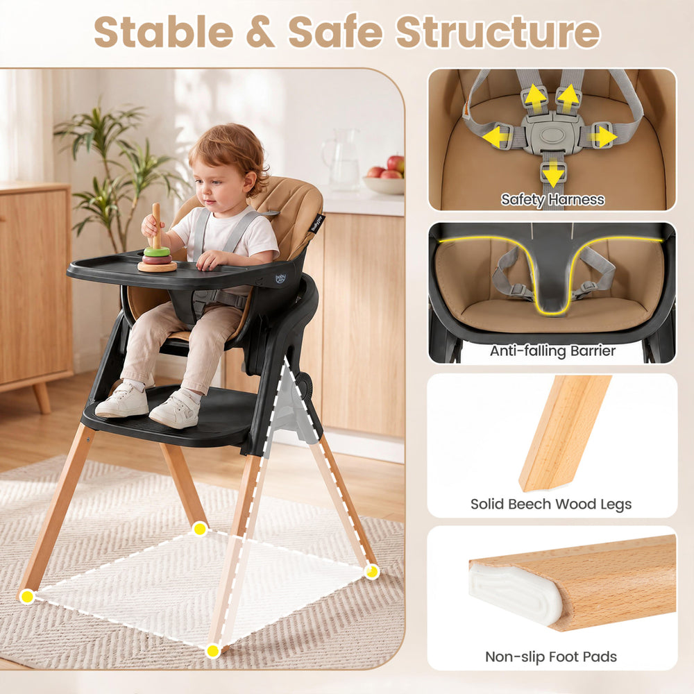 Convertible 7-in-1 baby high chair with adjustable tray, solid beech wood legs, and non-slip foot pads for safety.