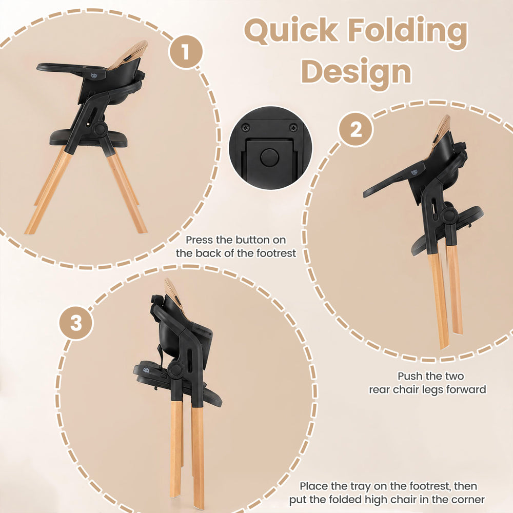Convertible foldable baby high chair with adjustable tray, solid beech wood legs, and quick folding design for easy storage.