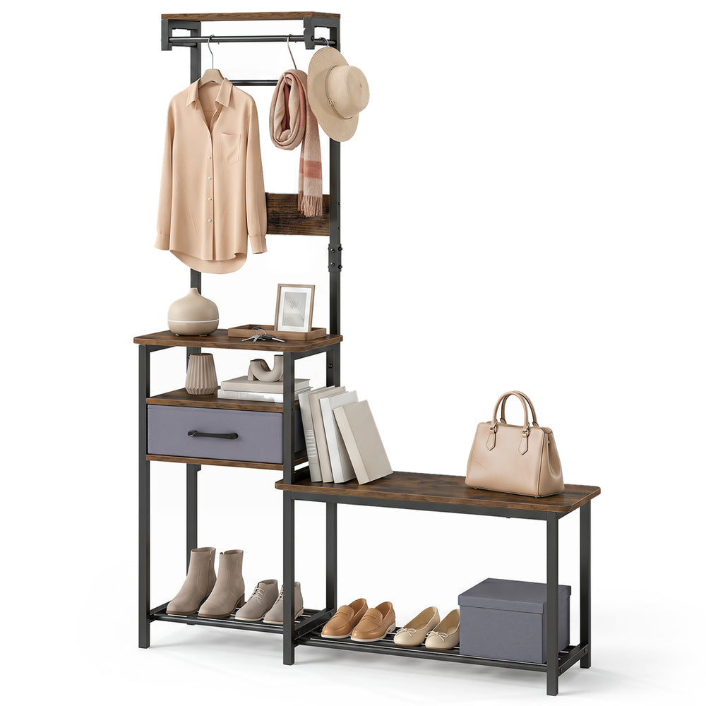 7-in-1 hall tree in rustic brown with shoe bench, hooks, and removable drawer, perfect for entryway storage.