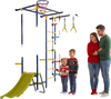 7-in-1 indoor jungle gym for toddlers featuring a slide, basketball hoop, and climbing stations for active play.