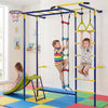 Indoor jungle gym for toddlers featuring climbing, hanging, a slide, and a basketball loop for active play and coordination.