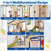 7-in-1 indoor jungle gym for toddlers featuring a slide, climbing bars, and gym rings for active play and coordination development.