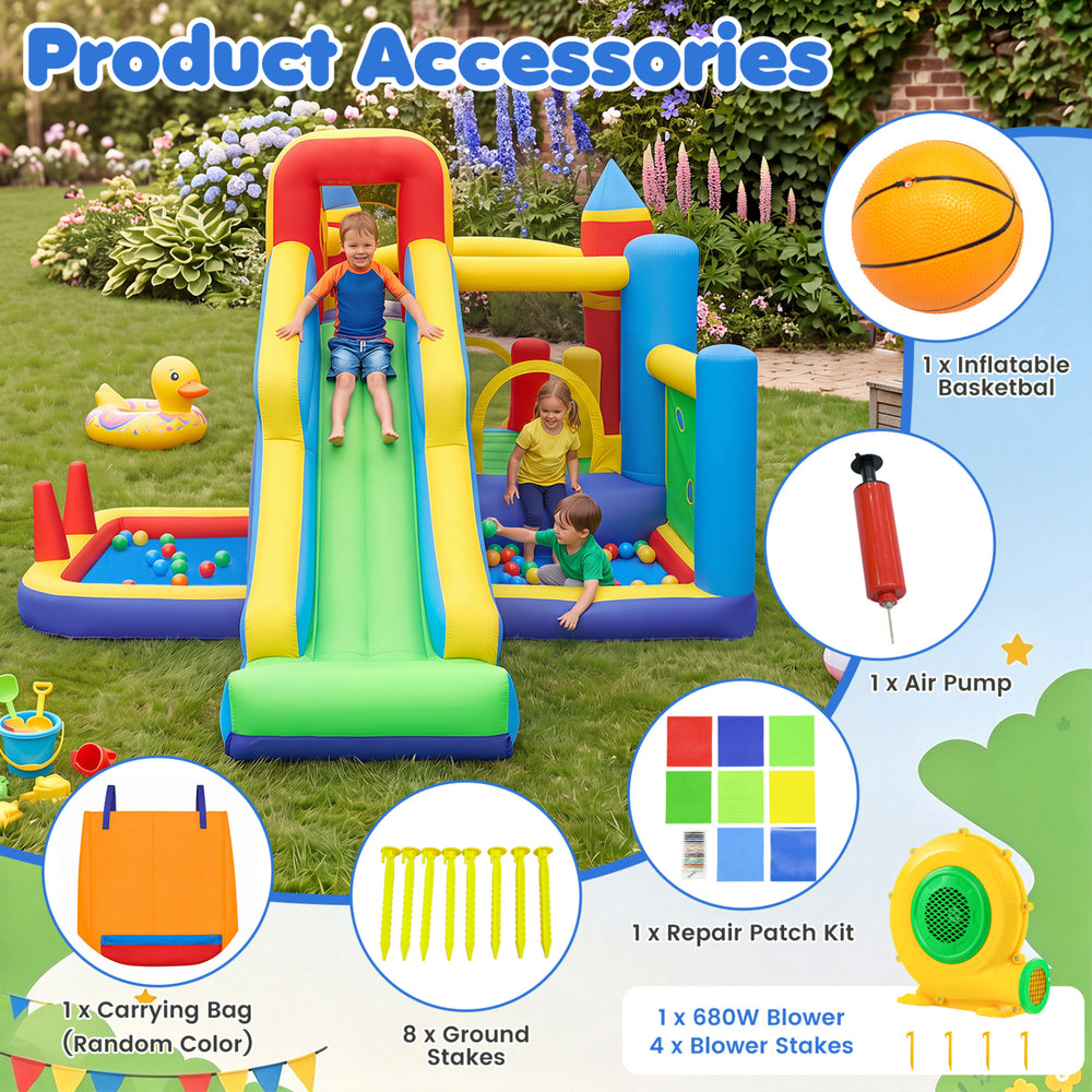 Inflatable bounce house with slide, ball pit, climbing wall, and basketball hoop for kids' indoor or outdoor fun.